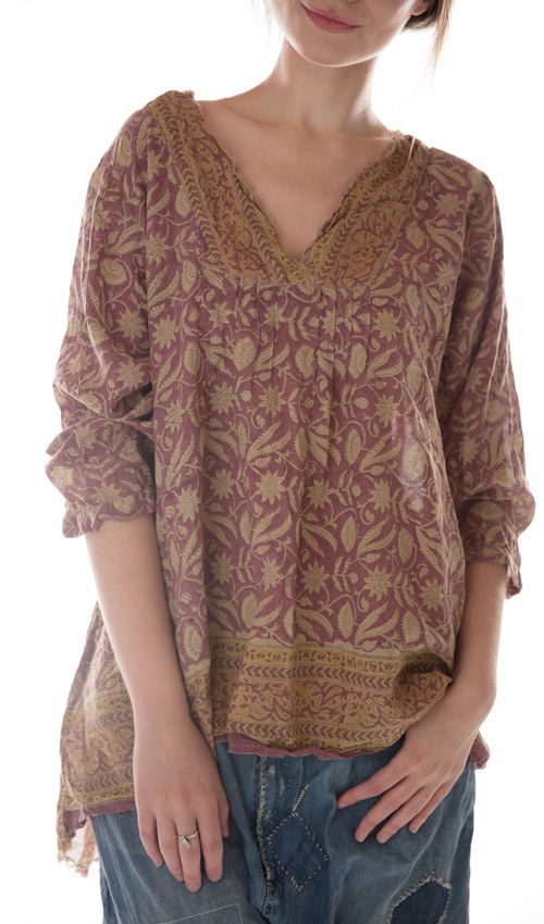 Magnolia Pearl, Magnolia Pearl,  Magnolia Pearl European Cotton Hand Block Printed Bondi Blouse with Raw Neck and Pleats, Button Opening at Sleeves