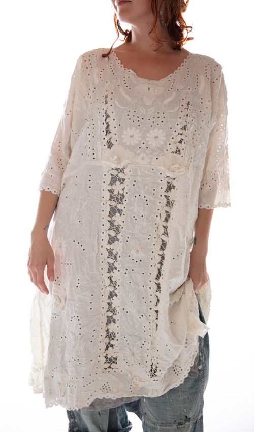 Magnolia Pearl, Magnolia Pearl,  Magnolia Pearl French Linen Coronado Dress with Embroidery and Scalloped Edging Dress 529-Antique White-One Size