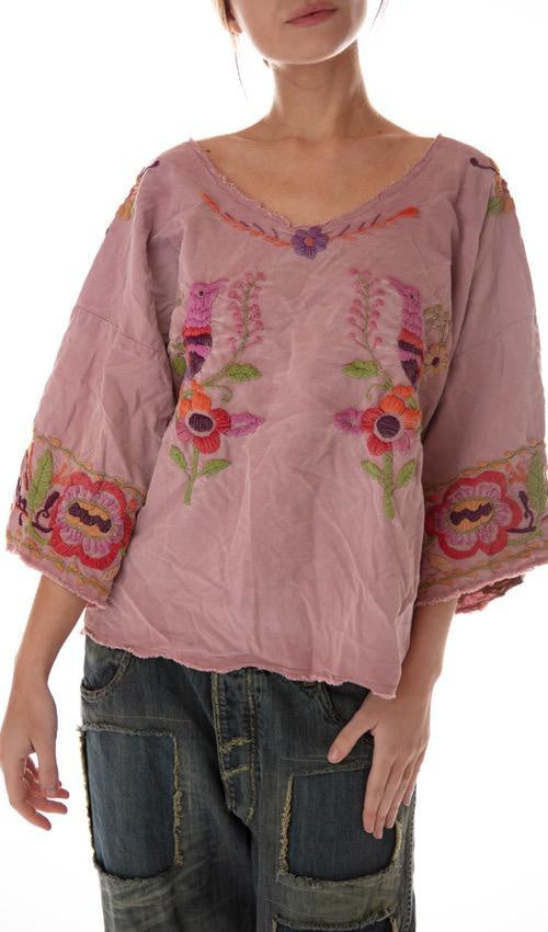 Magnolia Pearl, Magnolia Pearl,  Magnolia Pearl Woven Cotton Marguerite Hand Embroidered Blouse with Fading, Distressing and Raw Edges