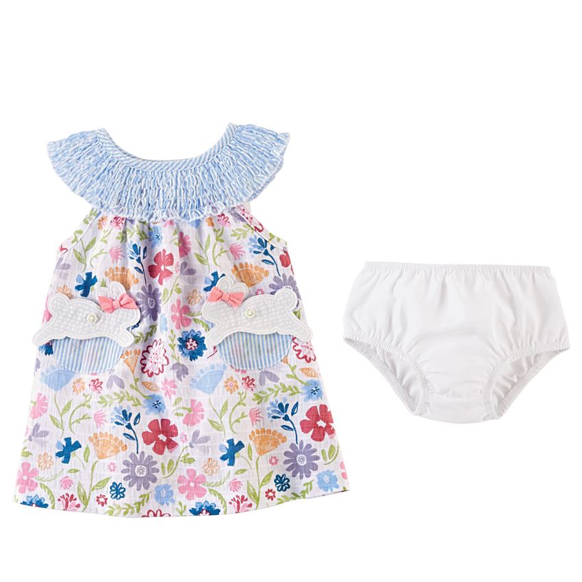 Mud Pie, Baby Girl Apparel - Dresses,  Mud Pie - Smocked Floral Bunny Dress