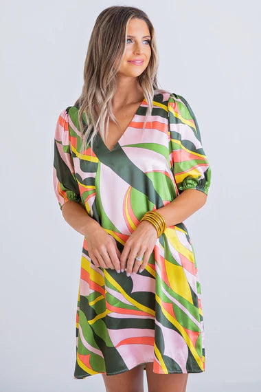 Multi Abstract Puff Sleeve Dress - Eden Lifestyle