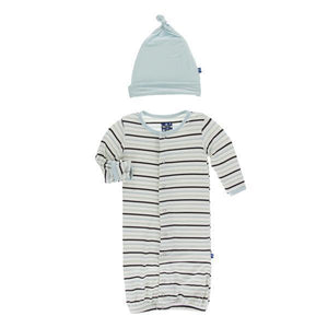KicKee Pants, Baby Boy Apparel - Pajamas,  KicKee Pants - Print Layette Gown Converter & Knot Hat Set - Tuscan Afternoon Stripe