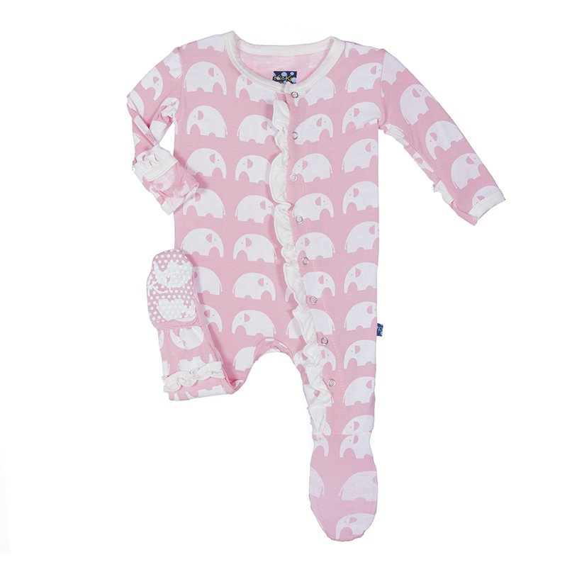 KicKee Pants, Baby Girl Apparel - One-Pieces,  KicKee Pants - Classic Ruffle Footie- Lotus Elephant