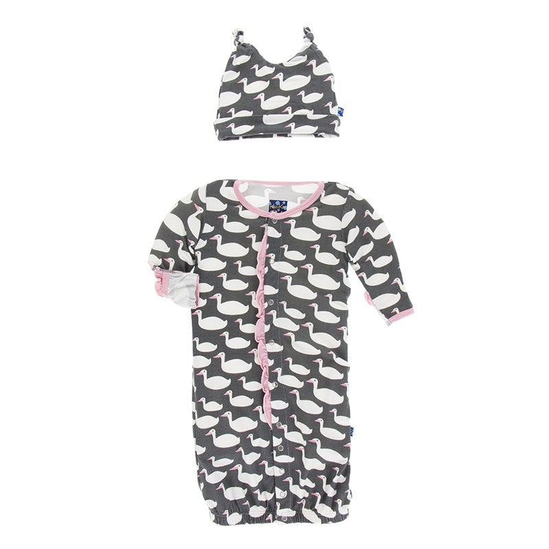 KicKee Pants, Baby Girl Apparel - Pajamas,  KicKee Pants - Layette Gown Converter & Knotted Hat - Stone Geese
