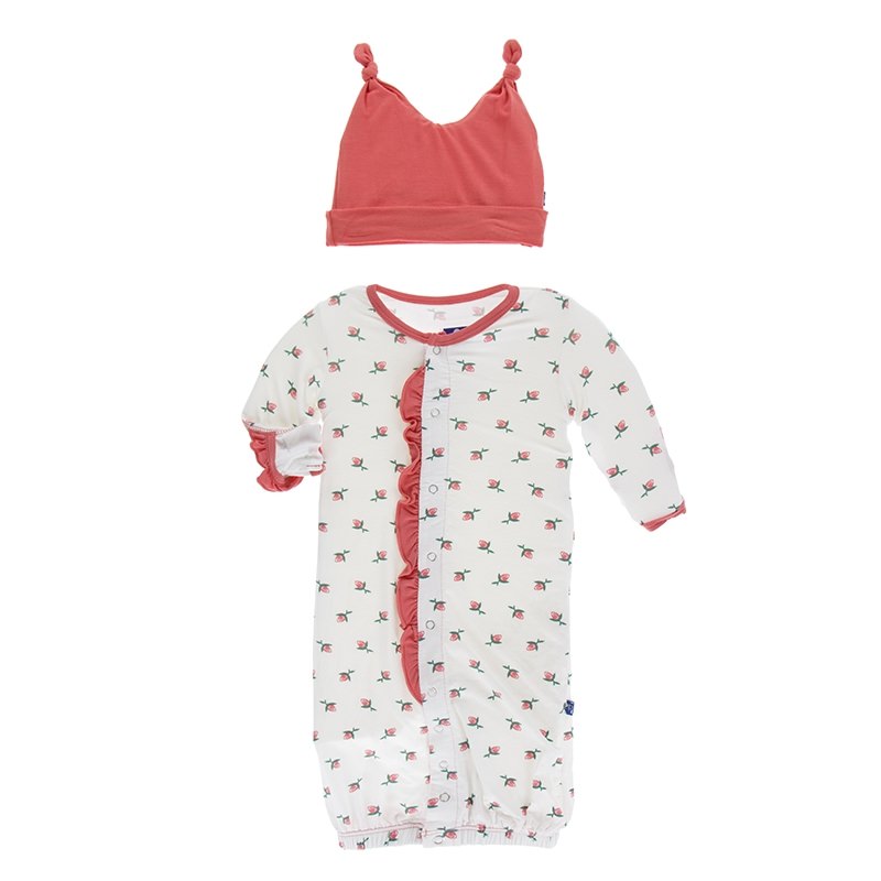 KicKee Pants, Baby Girl Apparel - Pajamas,  KicKee Pants - Layette Gown Converter & Knot Hat Set- Natural Rose Bud