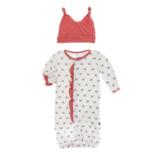 KicKee Pants, Baby Girl Apparel - Pajamas,  KicKee Pants - Layette Gown Converter & Knot Hat Set- Natural Rose Bud