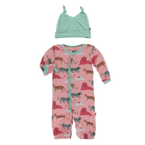 KicKee Pants, Baby Girl Apparel - Pajamas,  Kickee Pants Print Ruffle Layette Gown Converter & Knot Hat Set in Strawberry Big Cats