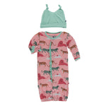 KicKee Pants, Baby Girl Apparel - Pajamas,  Kickee Pants Print Ruffle Layette Gown Converter & Knot Hat Set in Strawberry Big Cats