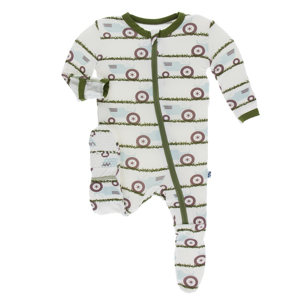 KicKee Pants, Baby Boy Apparel - One-Pieces,  Kickee Pants - Print Footie with Zipper - Natural Tractor and Grass