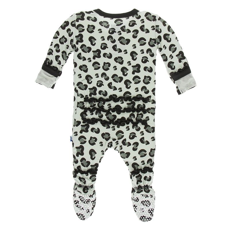 KicKee Pants, Baby Girl Apparel - One-Pieces,  KicKee Pants - Print Muffin Ruffle Footie with Zipper in Aloe Cheetah Print