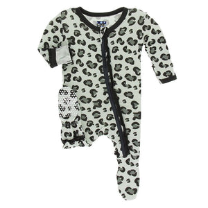 KicKee Pants, Baby Girl Apparel - One-Pieces,  KicKee Pants - Print Muffin Ruffle Footie with Zipper in Aloe Cheetah Print