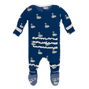 KicKee Pants, Baby Girl Apparel - One-Pieces,  KicKee Pants - Basic Ruffle Footie- Navy Queen Swans