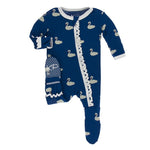 KicKee Pants, Baby Girl Apparel - One-Pieces,  KicKee Pants - Basic Ruffle Footie- Navy Queen Swans