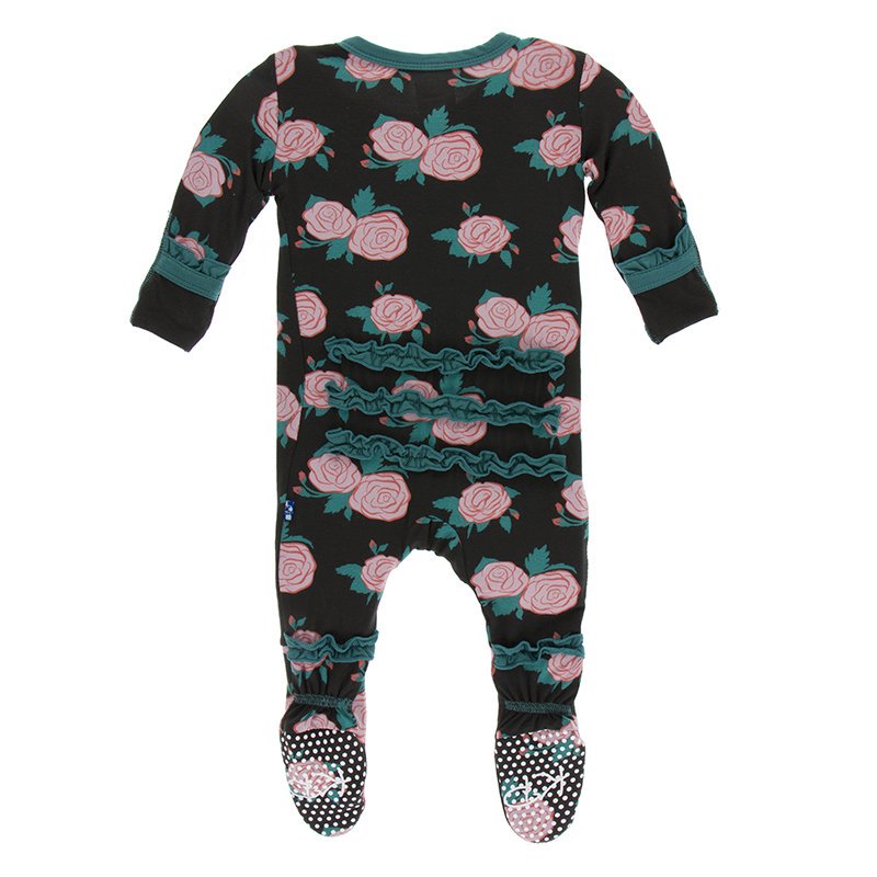 KicKee Pants, Baby Girl Apparel - One-Pieces,  KicKee Pants - Print Muffin Ruffle Footie with Zipper in English Rose Garden