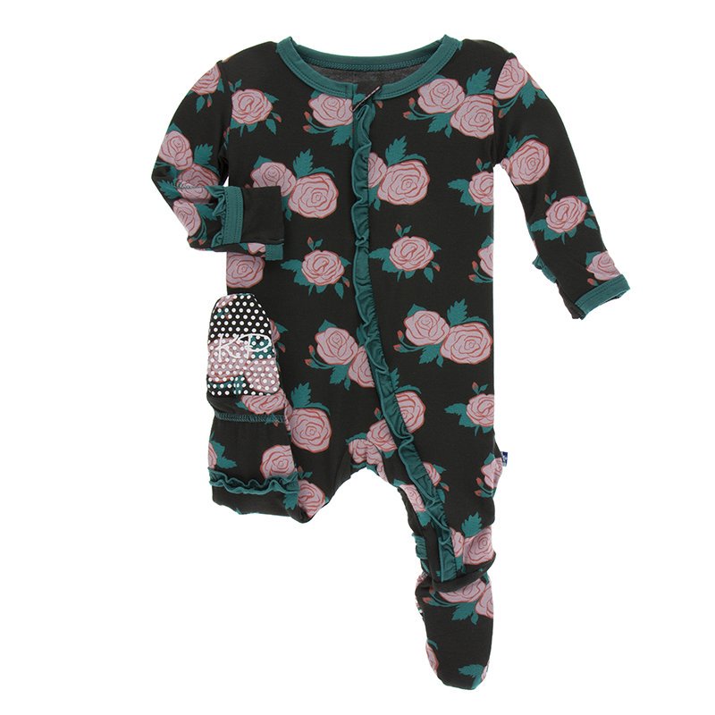 KicKee Pants, Baby Girl Apparel - One-Pieces,  KicKee Pants - Print Muffin Ruffle Footie with Zipper in English Rose Garden