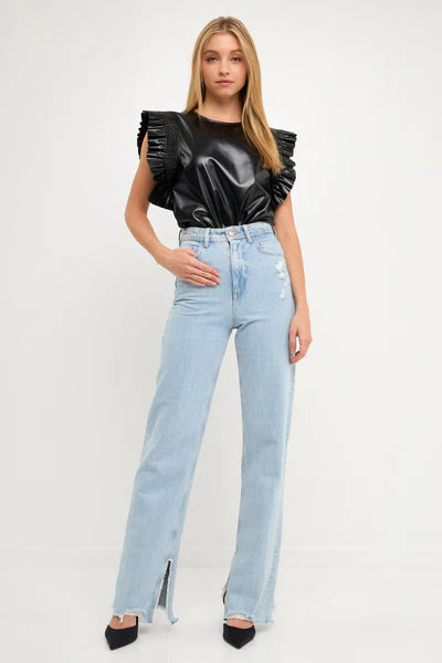 PU Leather Ruffle Detail Top - Eden Lifestyle