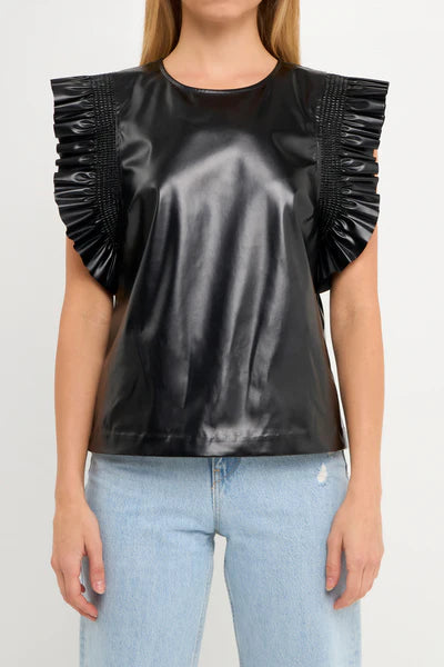 PU Leather Ruffle Detail Top - Eden Lifestyle