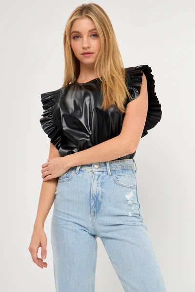 PU Leather Ruffle Detail Top - Eden Lifestyle