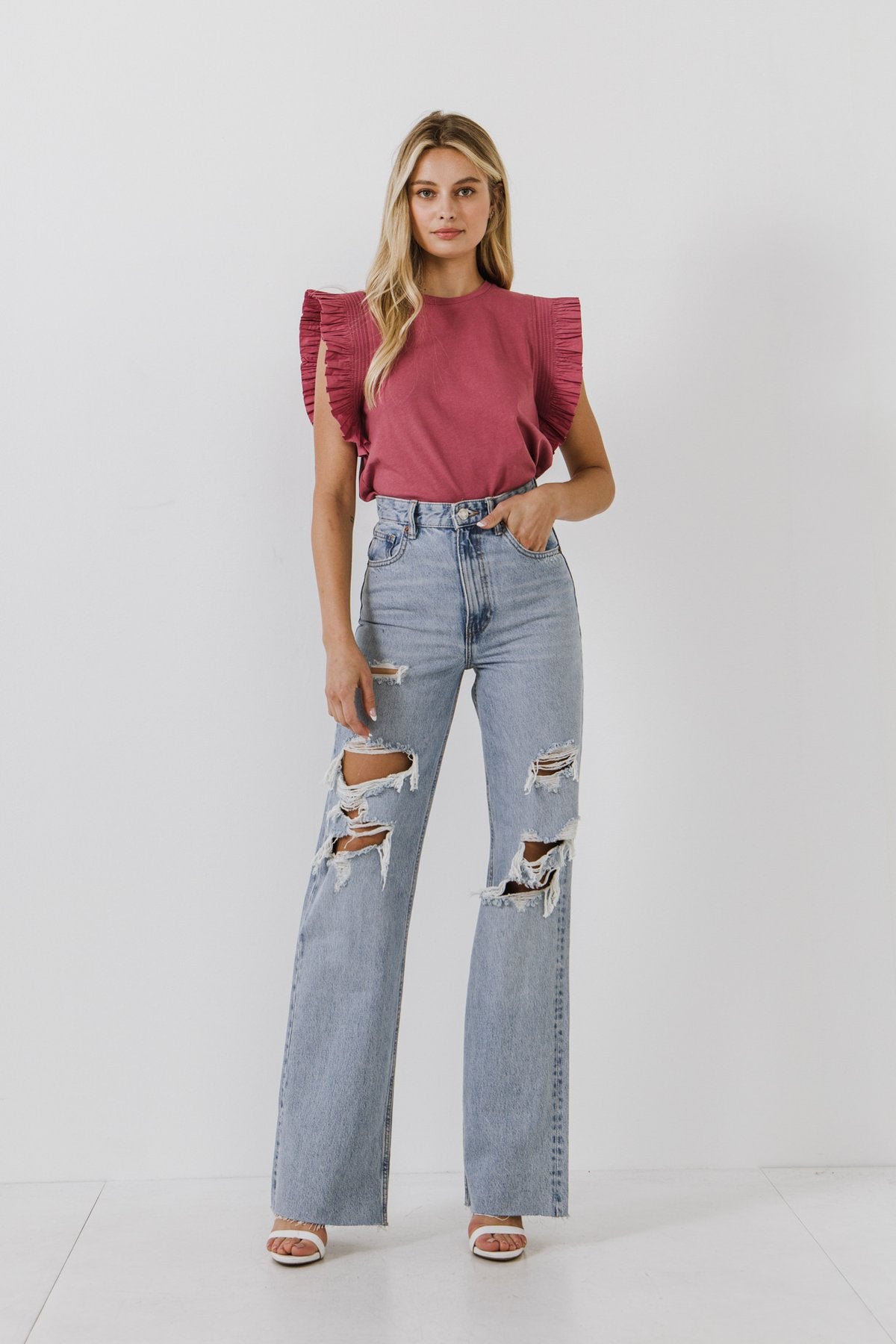 Poplin Knit Mixed Ruffle Detail Top - Eden Lifestyle