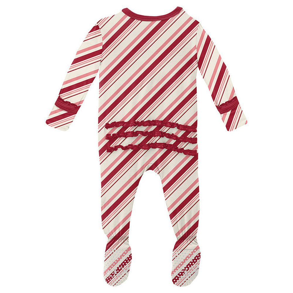 Kickee Pants Print Muffin Ruffle Footie with Zipper in Strawberry Candy Cane Stripe - Eden Lifestyle