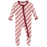 Kickee Pants Print Muffin Ruffle Footie with Zipper in Strawberry Candy Cane Stripe - Eden Lifestyle