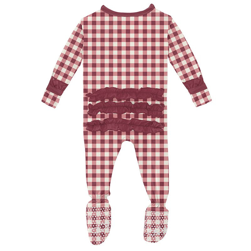 Kickee Pants Print Classic Ruffle Footie with Zipper in Wild Strawberry Gingham - Eden Lifestyle