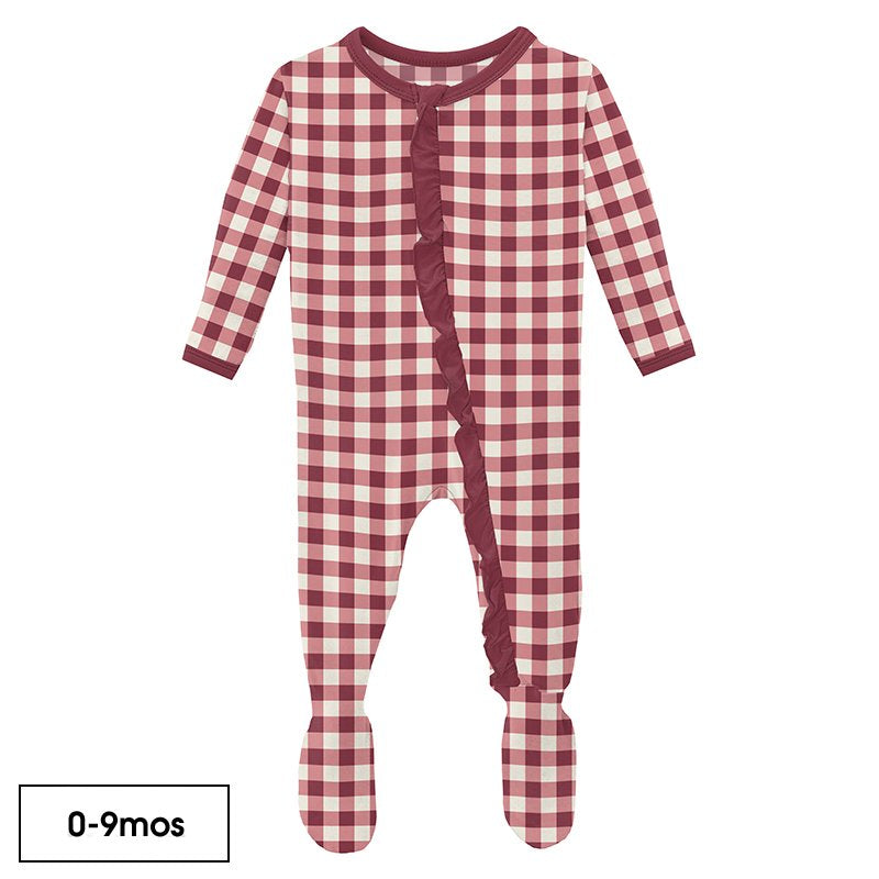 Kickee Pants Print Classic Ruffle Footie with Zipper in Wild Strawberry Gingham - Eden Lifestyle