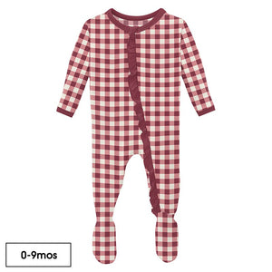 Kickee Pants Print Classic Ruffle Footie with Zipper in Wild Strawberry Gingham - Eden Lifestyle