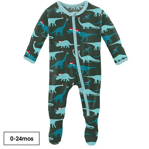 Kickee Pants Print Footie with Zipper in Santa Dinos - Eden Lifestyle