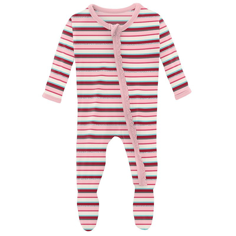 Kickee Pants Print Muffin Ruffle Footie with Zipper in Anniversary Bobsled Stripe - Eden Lifestyle