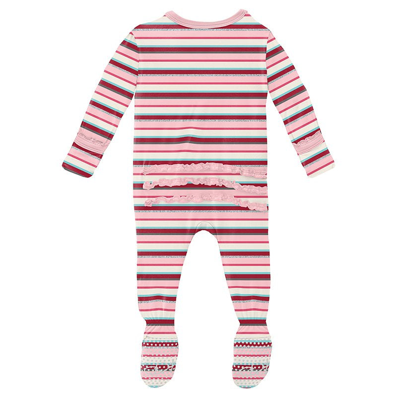 Kickee Pants Print Muffin Ruffle Footie with Zipper in Anniversary Bobsled Stripe - Eden Lifestyle