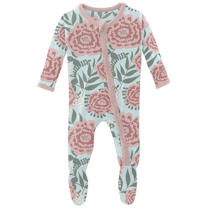 Kickee Pants Print Muffin Ruffle Footie with Zipper in Fresh Air Florist - Eden Lifestyle
