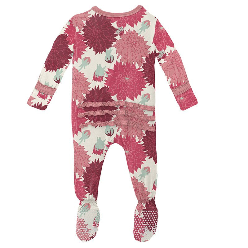 Kickee Pants Print Muffin Ruffle Footie with Zipper in Natural Dahlias - Eden Lifestyle