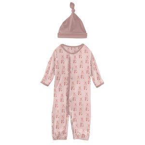 Kickee Pants Print Ruffle Layette Convertible Gown & Hat Set in Baby Rose Ballet - Eden Lifestyle