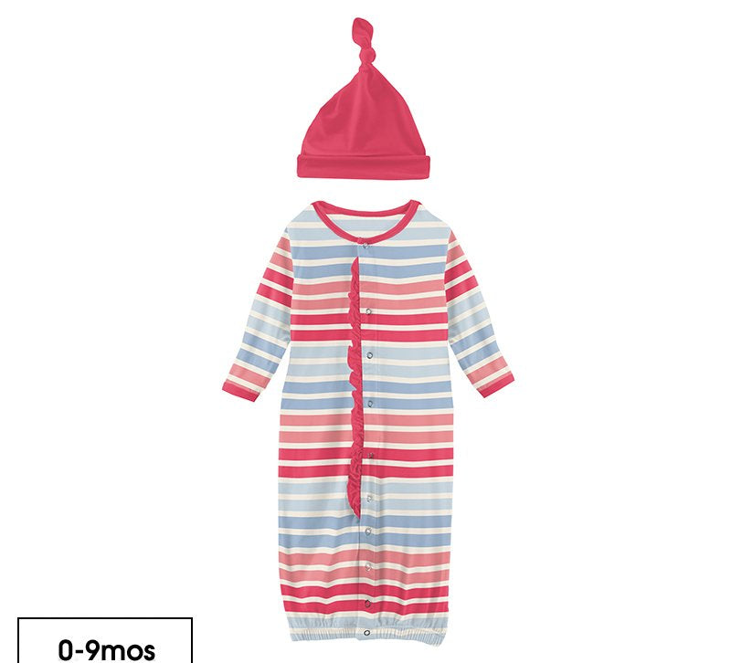 Kickee Pants Print Ruffle Layette Gown Converter & Single Knot Hat Set in Cotton Candy Stripe - Eden Lifestyle