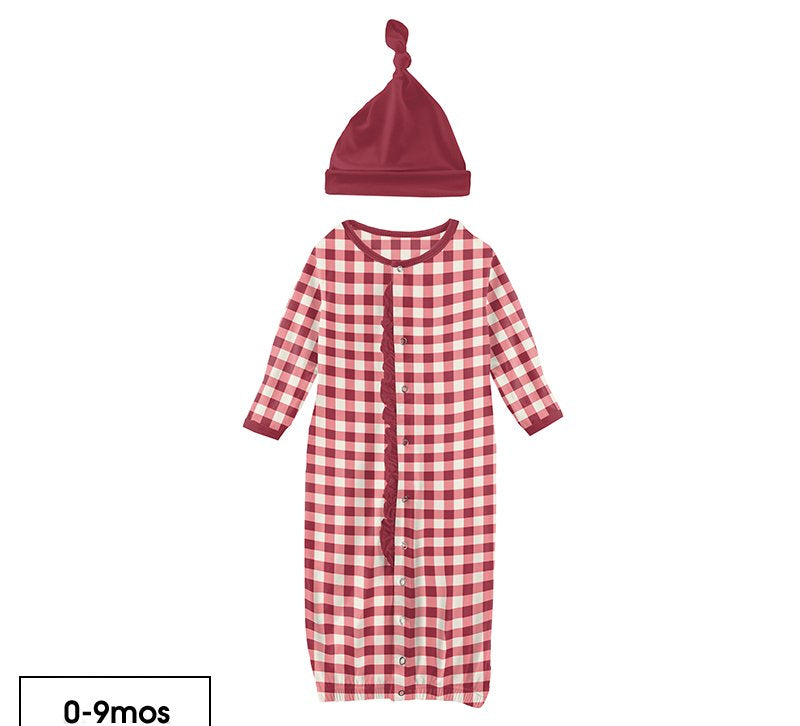 Kickee Pants Print Ruffle Layette Gown Converter & Single Knot Hat Set in Wild Strawberry Gingham - Eden Lifestyle