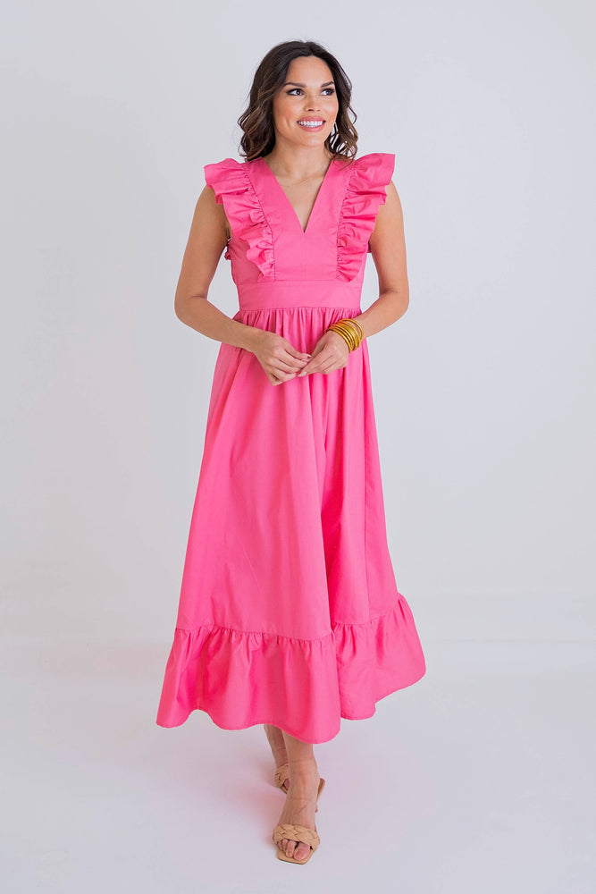 Ruffle Vneck Poplin Maxi Dress - Eden Lifestyle