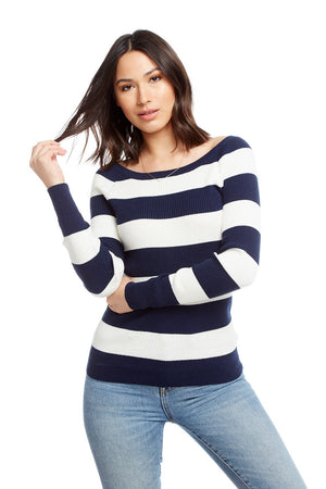 Chaser, Women - Shirts & Tops,  Chaser Rib Sweaters Long Sleeve Open Neck Reglan Pullover Sweater - Stripe