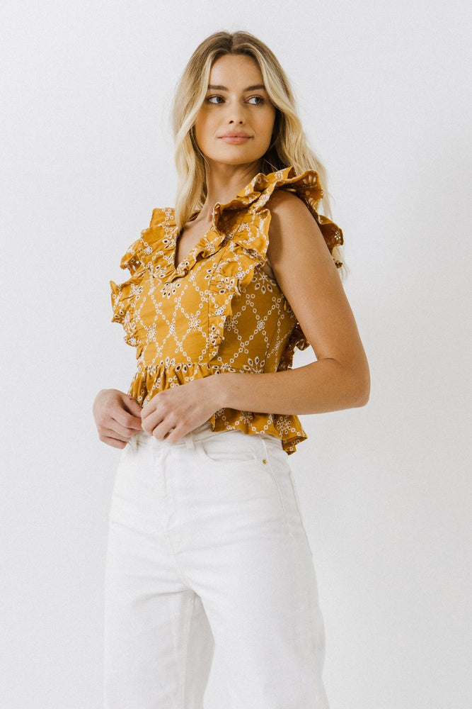 Mustard Ruffle Sleeve Embroidered Top - Eden Lifestyle