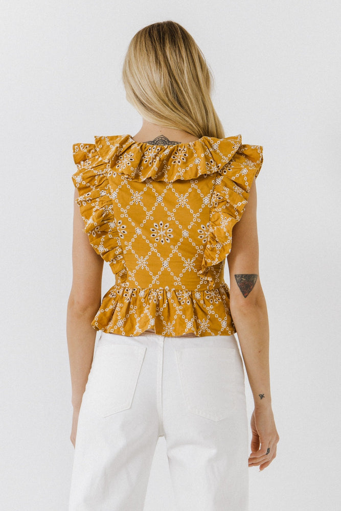 Mustard Ruffle Sleeve Embroidered Top - Eden Lifestyle