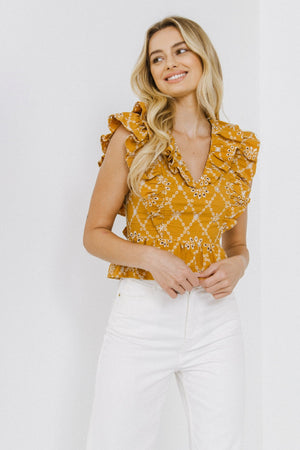 Mustard Ruffle Sleeve Embroidered Top - Eden Lifestyle