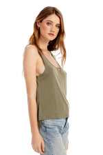 Eden Lifestyle, ,  Saltwater Luxe Slim Tank with Front Placket in Olive Green