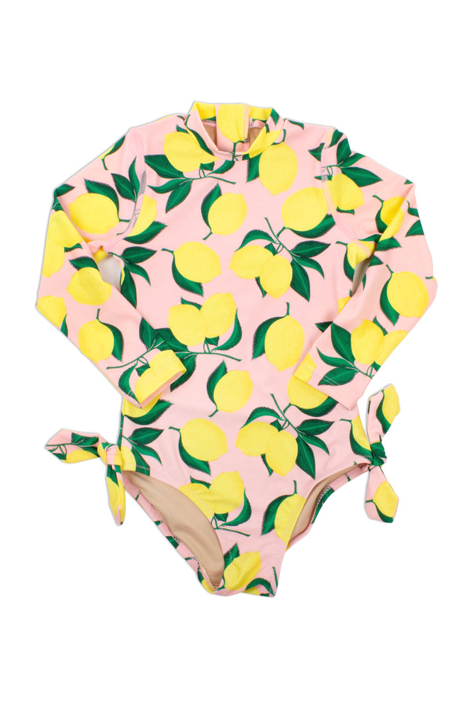 Shade Critters, Baby Girl Apparel - Swimwear,  Shade Critters One Piece Longsleeve- Yellow/Pink Lemon Print Suit