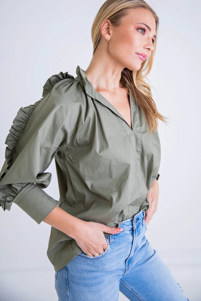 Solid Olive Poplin Ruffle Sleeve Top - Eden Lifestyle