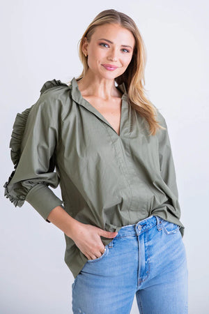 Solid Olive Poplin Ruffle Sleeve Top - Eden Lifestyle