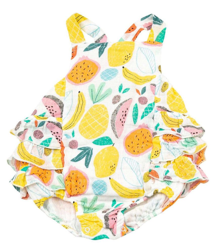 Angel Dear, Baby Girl Apparel - Outfit Sets,  Angel Dear Sunsuit with Ruffle Back in Tropical Fruit and Bow Set
