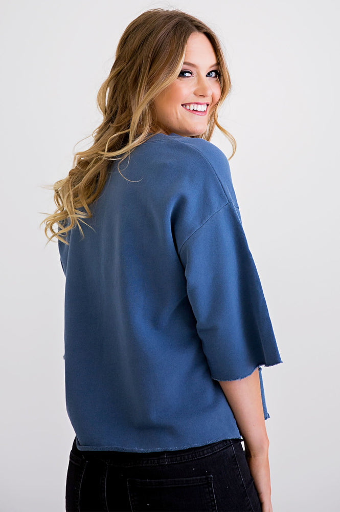 Karlie, Women - Shirts & Tops,  Blue Distressed Sweatshirt