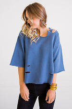 Karlie, Women - Shirts & Tops,  Blue Distressed Sweatshirt