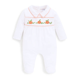 Jojo Maman Bebe, Baby Boy Apparel - One-Pieces,  White Pumpkin Embroidered Baby Footie