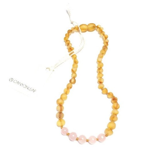 Canyon Leaf, Baby - Soothing,  Raw Amber + Rose Quartz Necklace